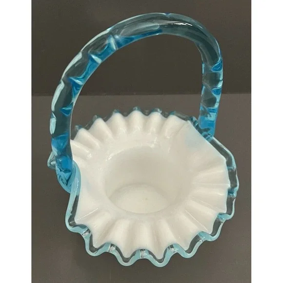 Fenton Basket Aqua Blue Crest Milk Glass‎ Ruffle Edge Bamboo Handle Top Hat VTG - Picture 6 of 13